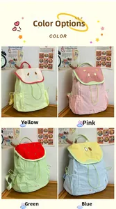 Detail view of four colorful fruit-themed drawstring backpacks with cute seed patterns