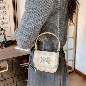 Sweet yellow gingham mini crossbody bag with white lace trim and silver bow detail