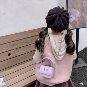 Lavender plaid girl handbag with bow detail, lace trim, and metal chain strap