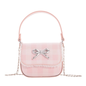 Pink plaid mini crossbody bag with lace trim and silver bow for girls and women