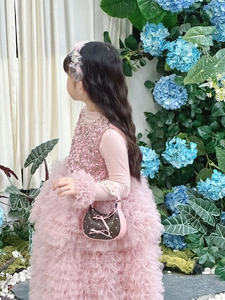 Detail of pink sequin princess dress with tiered tulle skirt and pearl mini handbag