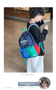 Detail view of multicolored kids backpack with TOCHASO letters in street setting