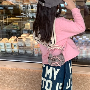Mini borsa a tracolla scozzese rosa per bambine con fiocco e bordo in pizzo bianco