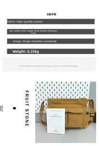 Detail view of yellow canvas tote bag showing dimensions 27x25x11cm and multi-pocket design