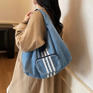 Retro denim hobo tote bag with three white stripes and large capacity for daily use