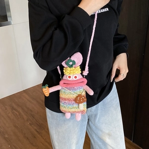 Handmade crochet bunny crossbody bag with rainbow stripes and cute oversized lips