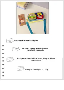 Detail showing 24x13x4cm dimensions and lightweight nylon fabric of the cartoon bag