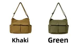 Detail showing two utility canvas crossbody bags in khaki and green with multiple pockets
