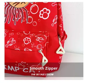 Close-up of smooth white zipper detail on durable red cartoon school backpack