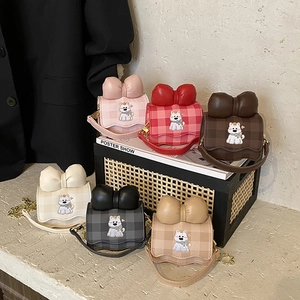 Sac Bandoulière Enfants PU À Carreaux Avec Grand Nœud Et Broderie Chiot Dessin Animé Sac Épaule Pour Filles