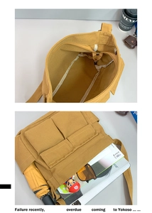 Detail of yellow canvas tote bag interior with multiple pockets and spacious storage