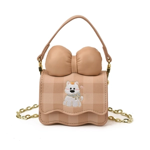 Sac bandoulière enfant à carreaux avec broderie chiot à couronne et grand nœud
