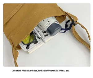 Macro shot of khaki canvas shoulder bag interior with organized daily essentials