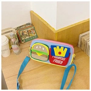 Close-up of kids canvas bag featuring cartoon hamburger and french fries pockets