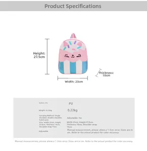 Size chart for kids panda backpack with dimensions 23x27.5x10cm and durable PU material
