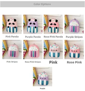 Detailed grid of mini PU leather backpacks with panda designs and glitter finishes