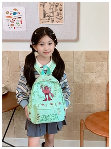 Detail of mint green children backpack with cartoon teapot monster and padded straps