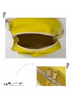 Detail view of bright yellow backpack featuring wide-opening and dual zipper system