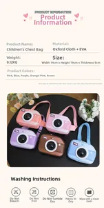Detail of camera-shaped kids chest bag showing dimensions and material specifications
