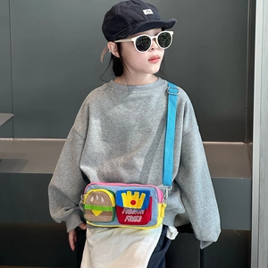 Cute kids crossbody bag with cartoon burger and french fries embroidery and blue strap