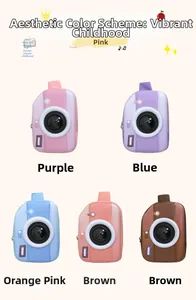 Detailed view of camera-shaped crossbody bags for kids in pink purple blue and orange