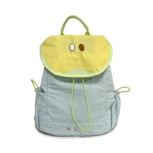 Cute light blue and yellow kids' fruit themed backpack with Hello embroidery and drawstring