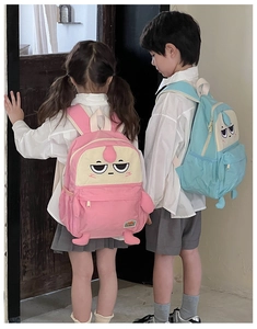 Detailed view of cute cartoon school bag with 3D limb accents and embroidered faces