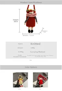 Detailed size and material chart for children crochet bag with cartoon sausage mouth design