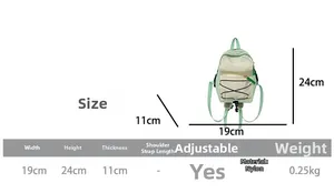 Size chart detail of a green nylon kids backpack with dimensions 19x24x11cm and adjustable straps