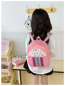 Rear view of a pink cupcake backpack for kids featuring colorful rainbow shoulder straps