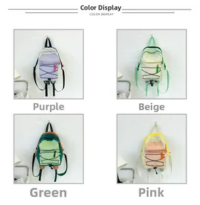 Color display of stylish children's backpacks in purple, beige, green, and pink