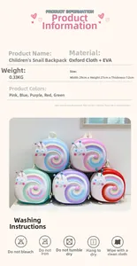 Detailed chart showing size, lightweight Oxford fabric and snail backpack color options
