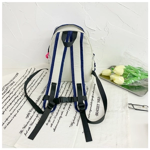 Detail of canvas backpack with blue trim and adjustable chest strap on decorative cloth