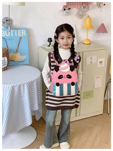 Pink panda cupcake mini backpack for kids featuring colorful striped shoulder straps