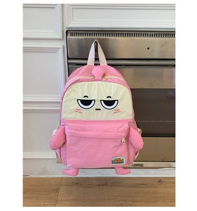 Detailed close-up of a pink cartoon backpack featuring cute 3D arms and feet decoration