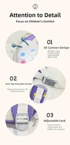 Detail of cartoon snail backpack showing anti-slip chest buckle and adjustable shoulder strap