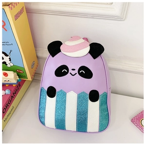 Detail of cute panda backpack showing purple PU fabric and blue sequin bottom texture