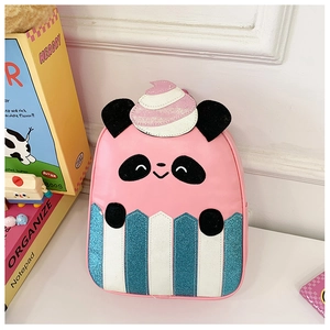 Close-up of pink panda cupcake backpack with glitter stripes and PU leather texture