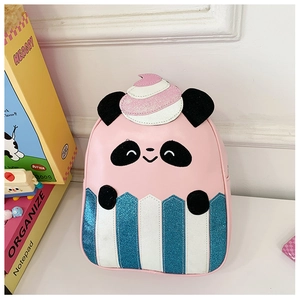 Detail of cartoon panda backpack with pink leather, glitter stripes, and 3D cream top