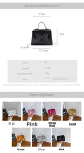 Detailed size chart and multi-color options for sequin bow mini crossbody bags for girls