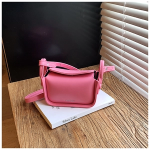 Detail of pink leather mini crossbody bag with silver logo on a wooden table