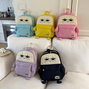 Detailed collection of five colorful cartoon backpacks with unique facial expressions