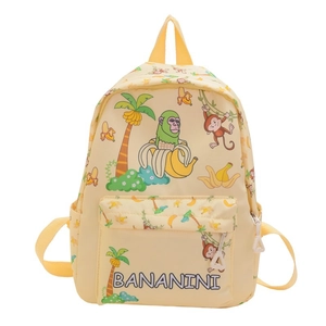Cute yellow kids backpack with cartoon monkey and banana prints for school children