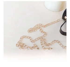 Detail of the golden metal chain linked to a black leather strap for the girl handbag