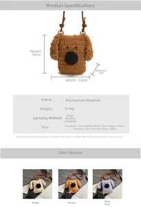 Vue détaillée du sac chiot au crochet avec dimensions, matériaux et options de couleurs