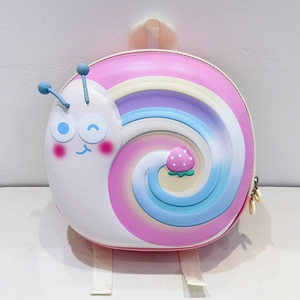 Detail of pink snail shell backpack showing the cute 3D cartoon design and waterproof hard shell