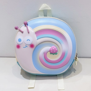 Detail of light blue snail cartoon backpack featuring durable EVA hard shell and 3D spiral