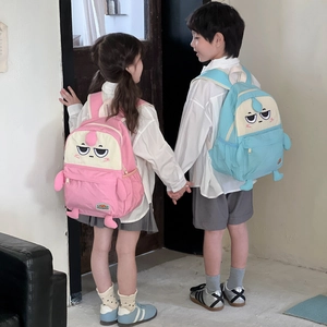 Cute cartoon school backpack set with funny 3D character design for kids in pink and blue