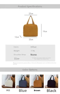 Detailed size chart and multi-color corduroy tote bags shown in a vertical layout