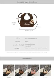 Mini plush bunny bag for toddlers with dimensions chart and four color options